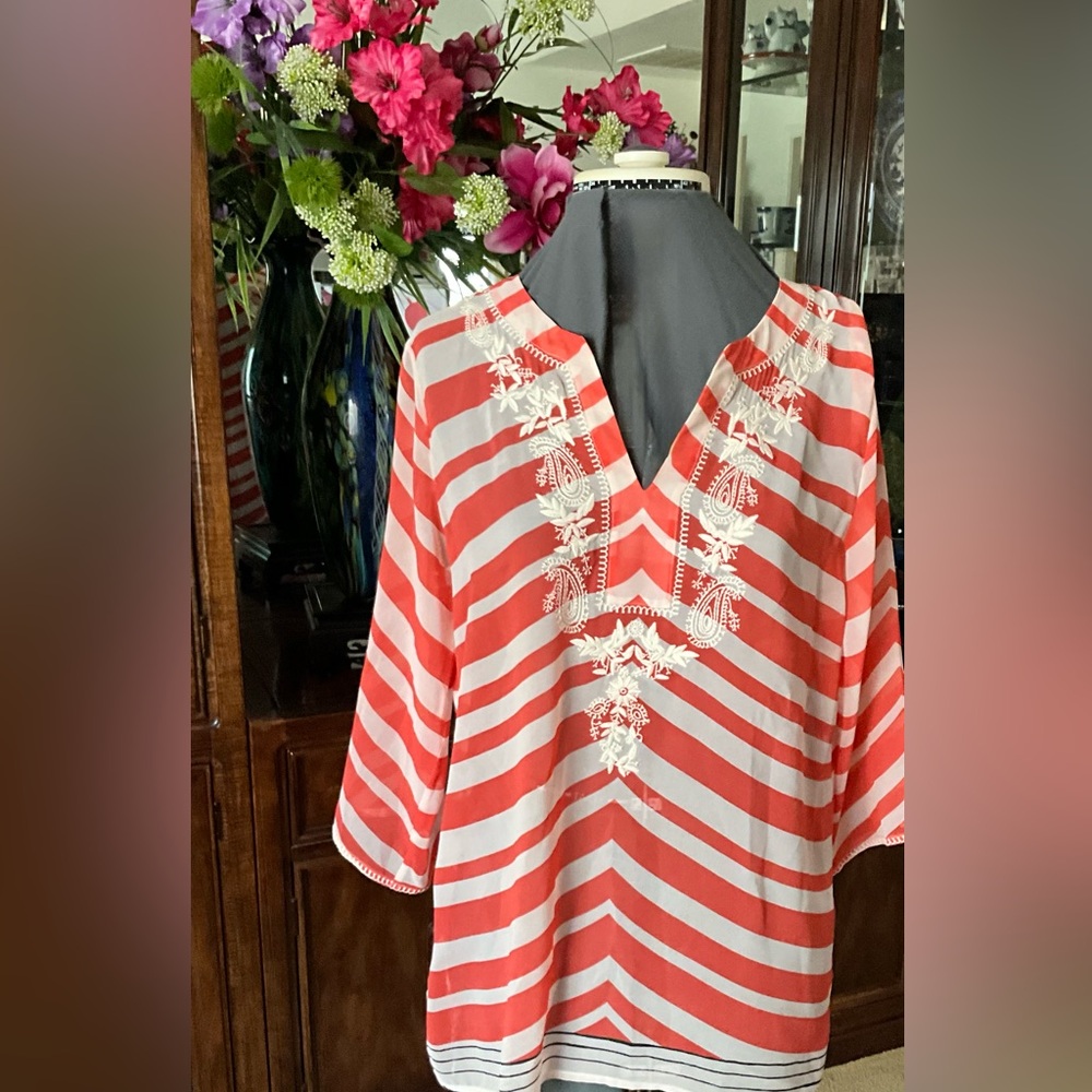 Women’s Coral & White Striped Embroidered V-Neck Top